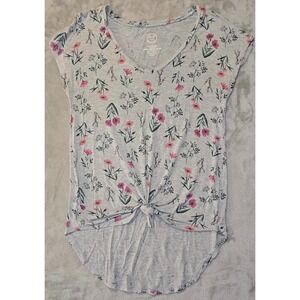 Maurices Shirt Women's M Gray 24/7 Floral All Over Print Front Tie Knot Preppy